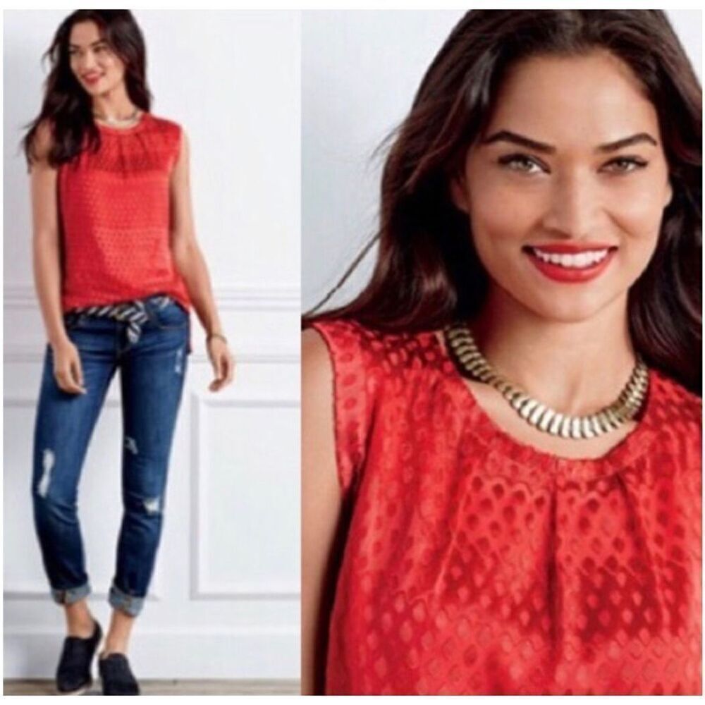 CAbi Patterned Red Scarlet‎ Blouse Small #3130